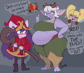angry ankle_guards belly belly_overhang belt big_belly big_breasts big_butt big_ears biped blonde_hair blush blush_lines bodily_fluids boots bottomwear breasts butt clothed clothing complaining crop_top cross-popping_vein cutaway dialogue expression_cutaway eyes_closed eyewear eyewear_on_head fangs feet female flustered footwear frown gameplay_mechanics gesture goggles goggles_on_head grey_background group hair hand_gesture hand_on_hip hat headgear headwear holding_object holding_staff huge_thighs larger_female long_hair looking_at_another looking_at_belly navel nervous one_eye_closed open_frown open_mouth open_smile overweight overweight_female overweight_humanoid pants pigtails pointy_ears pulling_hair purple_body purple_hair purple_skin robe shirt shoes short_hair simple_background size_difference smaller_female smile solo_focus speech_bubble staff standing sweat sweatdrop talking_to_another teeth text thick_thighs thumbs_up topwear touching_hair trio weight_difference weight_gain white_hair wide_eyed wide_hips wink witch_hat yelling yellow_eyes pink_poison67 league_of_legends riot_games tencent lulu_(lol) poppy_(lol) tristana_(lol) humanoid mammal yordle digital_drawing_(artwork) digital_media_(artwork) english_text hi_res signature