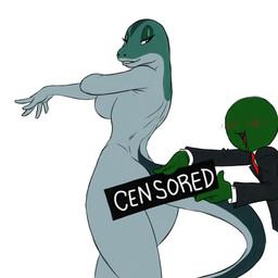 anthro bedroom_eyes blush breasts censor_bar clothing covering duo female half-closed_eyes male narrowed_eyes necktie non-mammal_breasts nude open_mouth physical_censor_bar seductive side_boob simple_background standing suit text white_background chochi cross_country_detours looney_tunes merrie_melodies tex_avery warner_brothers anon rita_skopt lizard reptile scalie 1:1 censored
