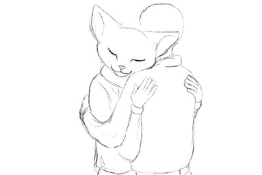 anthro clothing duo female happy hug human_on_anthro interspecies male male/female simple_background smile white_background eloisanon anon eloisa domestic_cat felid feline felis human mammal monochrome sketch