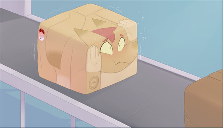 5_fingers ambiguous_gender blue_border blush border boxification brown_body conveyor_belt fingers hair implied_transformation nude red_hair solo stamp surprised tail text fauvfox fauv_(fauvfox) canid mammal 2023 digital_media_(artwork) english_text hi_res male_(lore)