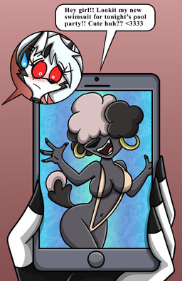 afro anthro bikini blush bodily_fluids cellphone clothing comic_panel duo ear_piercing ear_ring electronics female female/female fur grey_body grey_fur one-piece_swimsuit phone piercing red_eyes ring_piercing sling_bikini smartphone speech_bubble sweat sweatdrop swimwear text two-piece_swimsuit shinragod hellaverse helluva_boss mythology gigi_(helluva_boss) loona_(helluva_boss) canid canid_demon canine demon hellhound mammal mythological_canine mythological_creature english_text hi_res
