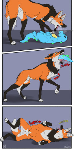 4_toes abdominal_bulge animal_genitalia balls black_body black_ears black_fur black_nose black_pawpads black_tail blue_body blue_claws bodily_fluids cheek_tuft chest_tuft claws dipstick_tail duo eyes_closed facial_tuft fangs feet feral foot_on_chest front_view fully_sheathed fur genitals glistening glistening_eyes glistening_nose green_eyes green_stripes green_tail grey_claws imminent_vore in_mouth inner_ear_fluff leg_tuft lying male markings multi_nipple neck_tuft nipples on_back on_side open_mouth oral_vore orange_body orange_ears orange_fur orange_tail pawpads paws pink_tongue saliva saliva_string sheath side_view simple_background spiked_tail spikes spikes_(anatomy) spread_legs spreading striped_markings striped_tail stripes tail tail_markings teeth text three_frame_image three_frame_sequence toes tongue tongue_out tuft vore white_balls white_body white_fur white_inner_ear white_inner_ear_fluff white_sheath white_tail yellow_body skyelegs nintendo pokemon guzzle canid canine generation_2_pokemon mammal maned_wolf pokemon_(species) totodile 2019 dated hi_res sequence signature