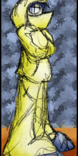 abstract_background anthro blue_hair chrysalis clothed clothing crossed_arms hair male pokemorph sketchy solo standing yellow_body yellow_skin zarla nintendo pokemon generation_1_pokemon kakuna pokemon_(species)
