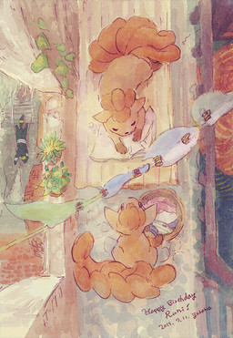 6_tails ambiguous_gender brown_body brown_fur clothes_line detailed_background doing_laundry duo_focus eyes_closed feral fur group high-angle_view laundry lying multi_tail on_front orange_body orange_fur paws plant plant_pot potted_plant sleeping tail text yura_inaho nintendo pokemon eeveelution generation_1_pokemon generation_2_pokemon generation_6_pokemon pokemon_(species) sylveon umbreon vulpix 2015 dated english_text painting_(artwork) shaded watercolor_(artwork)