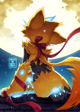 4_fingers ambiguous_gender anthro black_body black_fur blue_claws blue_pawpads brick brick_wall claws countershade_torso countershading fingers fur glowing glowing_pawpads light moon moonlight night pawpads rear_view red_ribbon sitting sitting_on_wall sky slim solo star starry_sky text wall_(structure) yellow_body yellow_fur atelier_rhyme nintendo pokemon zephyr_(atelier_rhyme) generation_7_pokemon legendary_pokemon pokemon_(species) zeraora 2024 artist_name english_text hi_res
