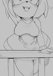 anthro breasts clothing dress female gesture gloves handwear heart_symbol leaning_on_object leaning_on_table solo waving morris_(artist) sega sonic_the_hedgehog_(series) amy_rose eulipotyphlan hedgehog mammal 2022 absurd_res greyscale hi_res monochrome