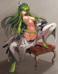 amber_eyes blush breasts clothed clothing digitigrade female fur furniture genitals green_body green_fur green_hair grey_background hair hand_on_leg hand_on_thigh inner_ear_fluff looking_at_viewer navel nipples partially_clothed pussy simple_background smile solo spreading tuft domdozz code_geass c.c. animal_humanoid cat_humanoid felid felid_humanoid feline feline_humanoid humanoid mammal mammal_humanoid 2017 hi_res