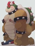 anthro belly blush clothing duo eyes_closed facesitting humanoid_hands kemono male moobs nipples overalls overweight overweight_male simple_background sitting_on_another dumdum mario_bros nintendo bowser mario koopa scalie 2021 hi_res