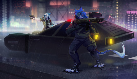 angry battle blood bodily_fluids car city cyberpunk duo electronics eyewear flying_car future glasses gun handgun headgear headphones headset male night pistol raining ranged_weapon rifle shooting tail vehicle weapon winter miramint thorin sergal absurd_res hi_res
