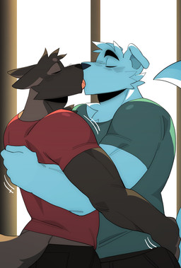 anthro black_body black_fur blue_body blue_fur blush blush_lines bottomwear clothing duo ears_back ears_down eyes_closed french_kissing fur hand_on_back hand_on_butt holding_another holding_butt hug hugging_another kissing male male/male pants pivoted_ears shirt tail tongue tongue_out topwear 000atanerriaper000 max_damage_(furry) wet_sock canid canine canis domestic_dog mammal absurd_res hi_res