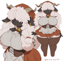 anthro bell bell_collar big_breasts blep breasts clothed clothing collar cowbell dress ear_piercing ear_ring female fully_clothed hair hat headgear headwear horn legwear piercing ring_piercing shortstack simple_background solo stockings thick_thighs thigh_highs tongue tongue_out white_background white_hair wide_hips sanjiro bovid caprine domestic_sheep mammal sheep 2023 dated hi_res