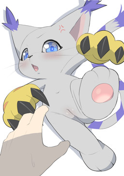 ambiguous_gender anthro biped black_nose blue_eyes blue_markings claws clothing cross-popping_vein cute_fangs disembodied_hand duo ear_tuft eyebrows fangs feet female first_person_view genitals gloves gloves_only handwear handwear_only human_pov humanoid_genitalia humanoid_vulva looking_at_viewer markings mostly_nude mostly_offscreen_character navel open_mouth pawpads paws pov_hands simple_background soles tail tail_markings teeth toes tongue tuft vulva whiskers white_background young young_anthro young_female pyu_ta08 bandai_namco digimon digimon_(species) gatomon human mammal 2025 absurd_res hi_res