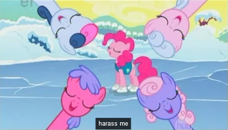 :d caption clothing eyes_closed female feral footwear fur group ice_skates ice_skating outside pink_body pink_fur screencap smile snow text winter youtube_caption unknown_artist friendship_is_magic hasbro my_little_pony bonbon_(mlp) pinkie_pie_(mlp) earth_pony equid equine horse mammal pony 7:4 english_text grandfathered_content image_macro low_res meme