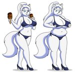 anthro big_breasts bikini blue_bikini blue_clothing blue_eyes blue_swimwear breasts clothing dessert eyebrows eyelashes female food footwear fur hair high_heels holding_breast ice_cream narrowed_eyes navel ponytail shoes side-tie_bikini side-tie_clothing side-tie_swimwear simple_background slightly_chubby solo string_bikini swimwear tail tongue tongue_out two-piece_swimsuit weight_gain white_body white_fur white_hair lordstormcaller krystal_(k9wolf) arctic_wolf canid canine canis mammal wolf absurd_res hi_res