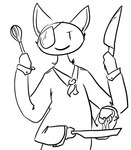 4_arms ambiguous_gender anthro clothed clothing collared_shirt cookware eye_patch eyewear frying_pan fully_clothed kitchen_utensils knife multi_arm multi_limb smile solo tools whisk the_weaver ruby_quest tom_(rq) domestic_cat felid feline felis mammal 2019 digital_drawing_(artwork) digital_media_(artwork) half-length_portrait monochrome portrait male_(lore)