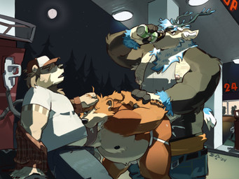 2_penises anthro belly beverage_can big_butt bodily_fluids butt cum double_penetration genital_fluids genitals group group_sex male male/male multi_genitalia multi_penis overweight penetration penis public public_sex sex slightly_chubby slutty_face threesome trio truck_stop trucker gabbagebin basil_bear boucirque tony_(daretobear) bear brown_bear deer grizzly_bear mammal new_world_deer reindeer ursine 4:3 hi_res