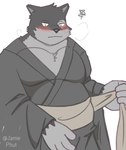 anthro asian_clothing black_nose blush clothing countershading east_asian_clothing humanoid_hands japanese_clothing kemono male overweight overweight_male simple_background solo visual jamiephut lagoon_lounge yamato_hitofumi domestic_cat felid feline felis mammal 2021 hi_res