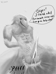 3:4 anthro avian balls beak big_balls big_penis bird bird_feces blush corvid corvus_(genus) crow dialogue embarrassed english_text fart fart_cloud feathers feces genitals hi_res male muscular onomatopoeia oscine passerine penis scatplay simple_background sketch smelly smile smirk sound_effects spread_legs spreading tail tapering_penis text xcoreus