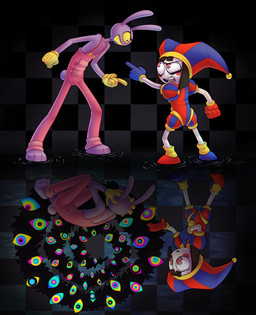 angry anthro argument bent_over clothed clothing female fool's_hat grey_body hat headgear headwear holding_head jester male multi_eye overalls purple_body reflection standing tail yelling absolutedream glitch_productions the_amazing_digital_circus jax_(tadc) pomni_(tadc) human lagomorph leporid mammal rabbit absurd_res hi_res
