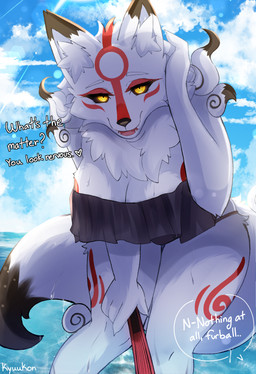 anthro anthrofied asian_clothing beach big_breasts bikini breasts clothed clothing duo east_asian_clothing female fur hand_fan japanese_clothing kimono markings outside red_markings sky solo swimwear tail two-piece_swimsuit white_body white_fur kyuukon capcom clover_studio okami_(capcom) amaterasu_(okami) issun_(okami) canid canine canis deity mammal wolf hi_res