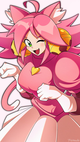 ahoge animal_ears big_breasts bottomwear breasts clothed clothed_female clothing dress female flesh_fang fully_clothed fully_clothed_female gloves green_eyes hair hair_bell handwear heart_necklace inner_ear_fluff light_body light_skin one_eye_closed paw_pose pink_clothing pink_hair pink_hairs pink_topwear pose simple_background skirt solo topwear tuft white_background white_clothing white_gloves white_handwear pictomike undertale_(series) pink_(deltarune) animal_humanoid cat_humanoid felid felid_humanoid feline feline_humanoid humanoid mammal mammal_humanoid 2026 9:16 absurd_res half-length_portrait hi_res portrait