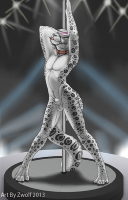 animal_genitalia anthro balls biped claws collar dancing digitigrade femboy fur genitals grey_hair hair hand_behind_head holding_fixture male multicolored_hair muzzle_(object) muzzled nude penis penis_tip platform pole pole_dancing pose purple_hair raised_arm red_collar sheath solo spots tongue tongue_out white_hair zwolf izamal felid mammal pantherine snow_leopard 2013 full-length_portrait hi_res portrait
