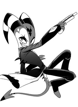 clothed clothing gun male ranged_weapon simple_background solo spade_tail tail weapon white_background enaic31 hellaverse helluva_boss blitzo_(helluva_boss) demon humanoid imp absurd_res hi_res monochrome