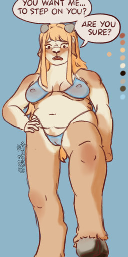anthro belly big_breasts blonde_hair blue_clothing blue_underwear blush breasts brown_body brown_fur camel_toe clothing curled_horn dialogue female fur fur_markings goat_ears hair hand_on_hip heart_nose heart_symbol hooves horn knee_blush lingerie long_hair looking_at_viewer low-angle_view markings nipple_outline shoulder_blush skimpy_underwear slightly_chubby slightly_chubby_female solo speech_bubble talking_to_viewer teeth text thick_thighs thong tooth_gap translucent translucent_clothing translucent_underwear under_boob underwear unguligrade worried worried_look 81u3w15p nessa_(81u3w15p) bovid caprine goat mammal english_text