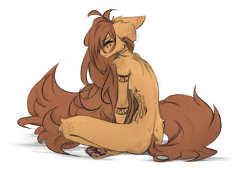 anthro biped breasts butt countershade_torso countershading eyes_closed feet female fur hair nude nude_anthro nude_female paws rear_view simple_background sitting solo tail tattoo toes tinygaypirate apogee_(tinygaypirate) canid canine canis domestic_dog mammal 2026 digital_drawing_(artwork) digital_media_(artwork) hi_res