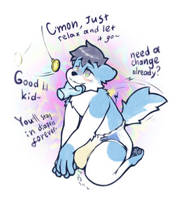 ageplay ambiguous_gender anthro black_nose blue_body blue_fur blue_hair blue_pawpads blue_tail blush blush_lines bodily_fluids clothed clothing dialogue diaper diaper_only disembodied_hand duo ears_back fur genital_fluids gloves_(marking) hair high-angle_view holding_chin hypnosis kneeling leg_markings markings mind_control multicolored_body multicolored_fur narrowed_eyes pawpads pendulum pendulum_swing pivoted_ears roleplay simple_background smile socks_(marking) solo_focus sound_effects spiral spiral_eyes tail tail_motion tailwag teeth text tilde_after_text topless two_tone_body two_tone_fur two_tone_tail unclean_diaper urine used_diaper using_diaper vowelless vowelless_sound_effect wearing_diaper wet_diaper wetting wetting_diaper white_background white_body white_fur white_tail neemitenaide wintie canid canine canis domestic_dog husky hybrid mammal nordic_sled_dog spitz wolf english_text hi_res