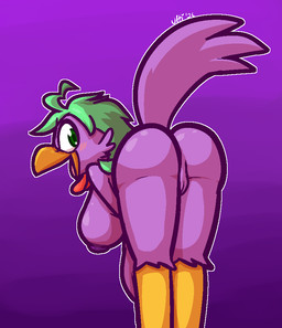 anthro beak bent_over big_breasts big_butt big_nipples breasts butt feathers female genitals green_eyes green_hair green_pupils hair hanging_breasts looking_at_viewer looking_back nipples non-mammal_breasts non-mammal_nipples presenting presenting_hindquarters pupils purple_nipples smile solo tail tail_feathers vulva yellow_beak yellow_body ultilix puchi_(puchipi) avian bird chicken galliform phasianid 2026