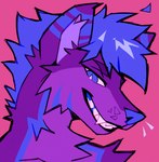 ambiguous_gender anthro blue_eyes blue_hair blue_markings blue_nose cheek_tuft facial_tuft fangs fur grin hair markings pink_background purple_body purple_fur short_hair simple_background smile solo striped_ears teeth tuft famir canid mammal bust_portrait portrait