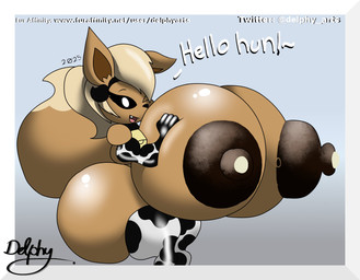 anthro arm_warmers armwear big_breasts big_butt bodily_fluids breasts butt clothing collar cowbell cowbell_collar cowprint_leggings dialogue female huge_breasts huge_butt hyper hyper_breasts lactating looking_at_viewer solo text delphyarts nintendo pokemon eevee generation_1_pokemon pokemon_(species) 2025 english_text hi_res
