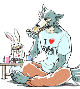 anthro barefoot bottomwear bread claws clothed clothing container cup duo eating feet female food fully_clothed fur furniture grey_body grey_fur holding_food holding_object larger_male male pants shirt simple_background sitting size_difference smaller_female t-shirt table toe_claws topwear white_background white_body white_fur ktandoku beastars haru_(beastars) legoshi_(beastars) canid canine canis domestic_rabbit dwarf_rabbit lagomorph leporid mammal oryctolagus rabbit wolf 2020