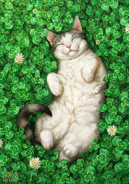 ambiguous_gender clover_(plant) clover_leaf curling_toes eyes_closed feet feral flower fluffy high-angle_view leaf on_ball_fours plant smile solo whiskers johis domestic_cat felid feline felis mammal hi_res