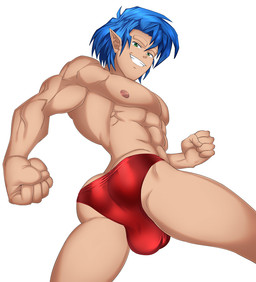 5_fingers abs areola bangs bent_arm blue_eyebrows blue_hair bulge butt clothed clothed_humanoid clothed_male clothing detailed_bulge eyebrows fingers fist green_eyes grin grinning_at_viewer hair happy humanoid_pointy_ears light looking_at_viewer low-angle_view male male_humanoid medium_hair muscular muscular_arms muscular_humanoid muscular_male nipples no_eyebrows not_furry pecs pink_areola pink_nipples pointy_ears red_clothing red_underwear simple_background smile smiling_at_viewer solo tan_body tan_skin toothy_grin topless topless_humanoid topless_male underwear white_background sourshock kappa_mikey gonard_(kappa_mikey) humanoid 2017 colored digital_drawing_(artwork) digital_media_(artwork) english_description lighting portrait shaded three-quarter_portrait