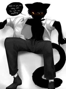 black_body black_clothing black_footwear black_hair black_shoes bottomwear clothed clothing confusion femboy footwear hair male on_ground open_bottomwear open_clothing open_pants open_shirt open_topwear pants shirt shirt_unbuttoned shoes simple_background slim_male small_waist solo speech_bubble text topwear white_clothing white_shirt white_topwear yellow_eyes dullanboi ming_yue_chen_(dullanboi) felid feline humanoid mammal 3:4 english_text hi_res