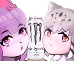 accessory anthro beverage black_nose blush bodily_fluids bow_(feature) bow_accessory bow_ribbon energy_drink female fur grey_body grey_fur group hair hair_accessory hair_bow hair_ribbon heart_eyes heart_symbol looking_at_another male male/female multicolored_body multicolored_fur purple_body purple_eyes purple_fur purple_hair ribbons saliva saliva_string simple_background text trio white_body white_fur yellow_eyes anotherpic kemono_friends monster_energy vkontakte masyunya_(vkontakte) pallas's_cat_(kemono_friends) domestic_cat felid feline felis mammal 2022 english_text