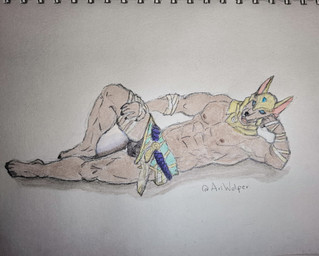 abs anthro areola armor black_nose blue_eyes brown_body brown_fur bulge claws clothed clothing egyptian egyptian_clothing empty_eyes feet fingers fur gold_(metal) gold_jewelry headgear helmet jewelry looking_at_viewer lying male muscular muscular_anthro muscular_arms muscular_male nipples on_back open_mouth pecs seductive simple_background smile solo teeth triceps underwear white_background ariwolfer league_of_legends riot_games tencent nasus_(lol) anubian_jackal canid canine canis jackal mammal hi_res painting_(artwork) watercolor_(artwork)