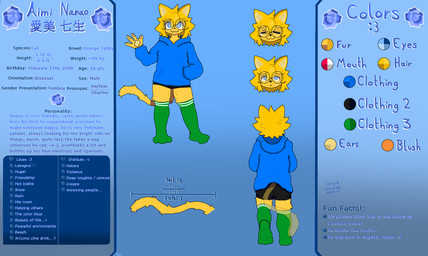 anthro blue_background blue_eyes bottomwear clothed clothing expressions eyewear femboy fur glasses hair hoodie legwear male shorts simple_background solo tail text thigh_highs topwear tuft yellow_body yellow_fur aimi_nanao_(artist) aimi_nanao felid feline mammal english_text hi_res model_sheet