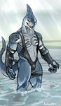 anthro armwear bulge clothed clothing gloves handwear latex latex_clothing looking_at_viewer male muscular muscular_male pecs simple_background smile solo swimwear tail teeth thick_thighs tight_clothing torn_clothing linuell dc_comics king_shark fish marine shark digital_media_(artwork) hi_res