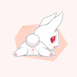 anatomically_inaccurate anatomically_inaccurate_pawpads awkward_smile blush blush_lines butt ear_tuft eyelashes female feral fur gaping gaping_vagina genitals long_ears long_eyelashes looking_back lying on_front open_mouth pawpads paws pink_nose pink_pawpads pink_vulva plump_labia presenting presenting_vulva rabbit_ears rear_view red_eyes scut_tail short_tail simple_background small_nose solo spread_legs spreading tail thin_eyebrows toony tuft vulva white_body white_ears white_face white_fur white_tail young zyuuniie jewelpet sanrio sega sega_fave ruby_(jewelpet) lagomorph leporid mammal rabbit 1:1 2025 colored digital_drawing_(artwork) digital_media_(artwork) hi_res signature