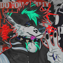 alternative_fashion anarchy_symbol anthro aquamarine_eyes black_body black_clothing black_fur black_hair black_nose black_shirt black_topwear bodily_fluids clothing collar detailed_background ear_piercing eyebrow_piercing facial_piercing fur gesture green_body green_fur green_hair hair hand_gesture jacket letterman_jacket male pawpads piercing pink_tongue punk punk_hair relaxed_expression relaxing saliva shirt solo spiked_collar spikes text tongue tongue_out topwear v_sign white_body white_fur unknown_artist alexkyan_(raptorzxz) canid canine canis hybrid mammal wolf wolfdog 1:1 2025 absurd_res cool_colors detailed english_text hi_res portrait signature