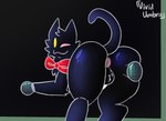 anthro anus balls bodily_fluids bow_tie butt butt_squish electronics genitals male microphone one_eye_closed rear_view simple_background solo squish sweat wink shadowkat deltarune undertale_(series) pluey_(deltarune) felid feline mammal tagme