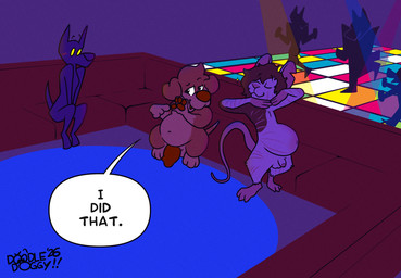 animal_genitalia animal_penis anthro balls belly big_belly big_penis canine_genitalia canine_penis eyes_closed flustered genitals group male nightclub nude penis pregnant pregnant_anthro pregnant_male sitting text toony doodledoggy doodle_(doodledoggy) renn_(renn1997) canid canine mammal 2026 english_text hi_res