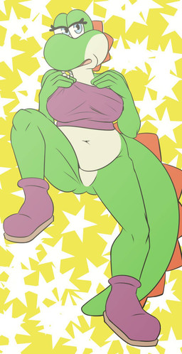 anthro big_breasts big_nose big_tail blue_eyes boots breasts clothing eyelashes featureless_crotch female flower footwear green_body navel non-mammal_breasts plant shoes simple_background solo tail reina_crafting_arts mario_bros nintendo esmeralda_(gbtod) fan_character yoshi_(character) dinosaur green_yoshi prehistoric_species reptile scalie yoshi hi_res