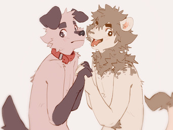 anthro brown_body brown_fur collar collar_only duo fur hand_holding looking_at_viewer male male/male nude nude_anthro nude_male red_collar slim_anthro slim_male white_body white_fur hemuchang ionno_(hemuchang) shin_(hemuchang) canid canine canis domestic_dog felid lion mammal pantherine 2023 hi_res
