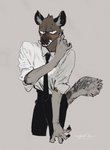 aggretsuko angry anthro black_nose black_pawpads blush bodily_fluids claws clothed clothing fur haida_(aggretsuko) hyena male mammal mucknagabe multicolored_body multicolored_fur necktie pawpads sanrio simple_background solo spotted_hyena suit sweat teeth