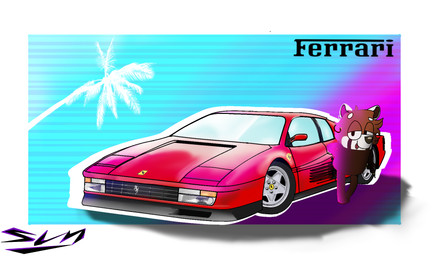 alitado blep border car gradient_background leaning_on_car leaning_on_vehicle looking_at_viewer male palm_tree plant simple_background standing synthwave tongue tongue_out tree vehicle white_border sunshine4155262 bluey_(series) ferrari ferrari_testarossa ailurid mammal red_panda chinese_description digital_drawing_(artwork) digital_media_(artwork) hi_res