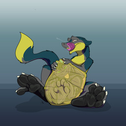 anthro belly big_belly big_feet black_hair blep bodily_fluids claws duo fangs feet fur green_eyes hair holding_belly horn hug hugging_another hugging_belly internal licking licking_lips male male/male male_pred male_prey narrowed_eyes oral oral_vore pawpads paws purple_body red_eyes saliva saliva_string same_size_vore simple_background sitting squeezing_belly tail tail_tuft teeth tight_belly tongue tongue_out tuft vore akudrache mythology brom_(sahurus) samagthra dragon mythological_creature mythological_scalie scalie sergal 1:1 absurd_res hi_res